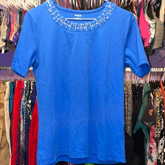 Alia ladies Petites blue tank top size SP design on front silver around neck - Picture 1 of 7